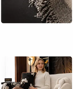 Close-up of luxury chenille sofa cover fabric texture and white floral embroidered pillow