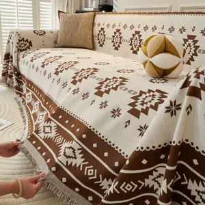 Housse de Canapé Serviette Chenille Bohème Vintage Avec Glands Motif Tribal Géométrique Couverture de Protection Réversible pour Canapé Chaise Décoration de la Maison