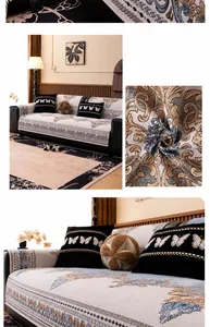 Detail of European chenille jacquard sofa cover with elegant floral texture and fringe