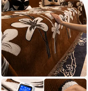 Detail of chenille sofa cover showing white lily patterns and zero formaldehyde testing