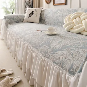 French Vintage Chenille Sofa Cover With White Ruffle Edge Floral Jacquard Decorative Sofa Towel Anti-Slip Universal Furniture Protector