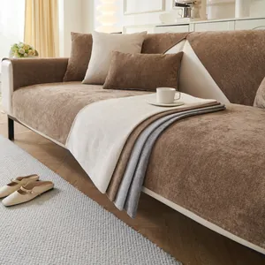 Detail of chenille sofa cover showing brown seat cushions and soft textured fabric
