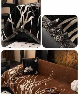 Close-up of chenille sofa cover showing jacquard tree branch pattern and tassel edges