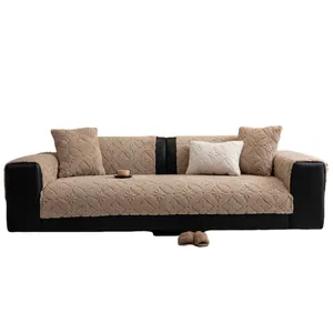 Thick brown plush sofa cover set with quilted diamond pattern and matching pillows