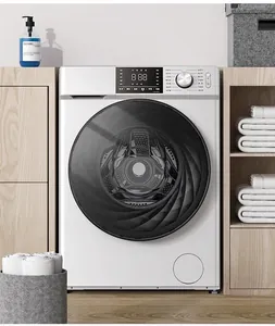 Ingebouwde witte voorlader wasmachine geïntegreerd in moderne houten keukenkasten set