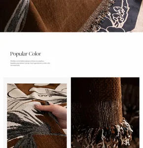 Detailed view of coffee brown chenille sofa cover with floral jacquard and fringe edges