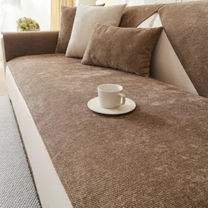 Detailed texture of brown chenille sofa cushion with elegant stripe pattern
