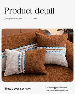 Detail of chenille sofa cover with vintage geometric patterns and patchwork design