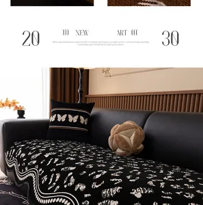Detail of chenille sofa cover with leopard pattern and butterfly embroidery cushion