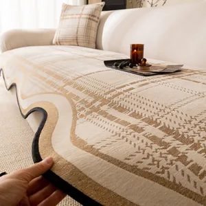 Irregular checkered chenille sofa cushion with wavy black edges in a cozy home setting