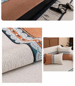 Detail of chenille sofa cover showing texture, ethnic ribbon, and orange patchwork