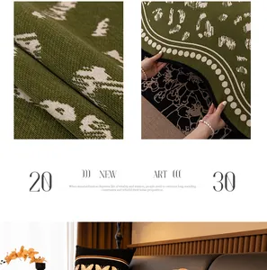 Detail of retro green chenille sofa cover with abstract spots and wavy dot trim