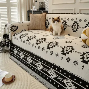 Bohemian Chenille Sofa Cover Geometric Tribal Pattern Thick Knitted Throw Blanket With Tassels Dustproof Sofa Towel