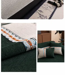 Detail of dark green chenille sofa cover featuring ethnic style lace webbing and texture