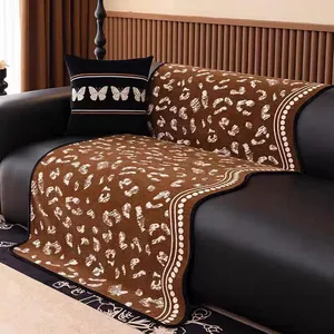 Retro brown chenille sofa cover with leaf patterns and elegant white jacquard borders