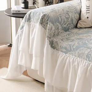 French retro chenille sofa cover with tropical leaf jacquard and white ruffled skirt