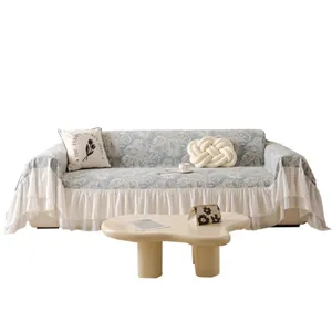 French vintage light blue chenille sofa cover with floral patterns and ruffled lace edges