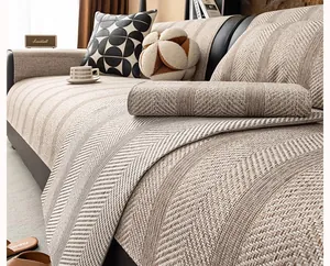 Close-up of thick herringbone cotton linen sofa cover with non-slip woven texture