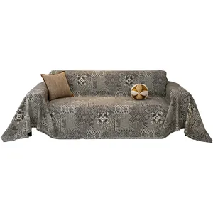 Boho-Sofabezug aus Chenille mit dunkelgrauen geometrischen Mustern für 3-Sitzer-Sofas