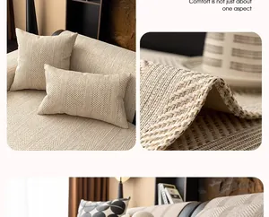 Detail of beige herringbone linen sofa cover with thick woven texture and matching pillows