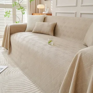 Beige cooling ice silk sofa cover with textured zigzag pattern for summer home decor