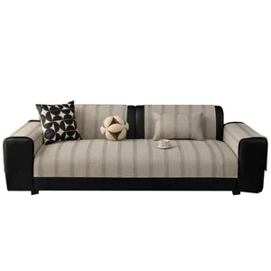 Japanese style gray striped non-slip sofa cover set for three-seater leather sofas