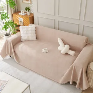 Manta de sofá gruesa con borlas decorativas en tejido trenzado de color albaricoque claro