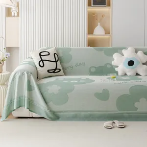 Green ice silk sofa cover with cute bear floral pattern and textured cooling fabric