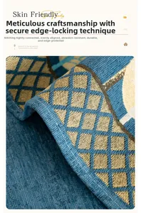 Gros plan du bord surjeté sur la housse de canapé en chenille bleue au motif géométrique