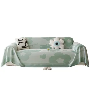 Light green ice silk sofa cover with floral pattern and lucky text on white background