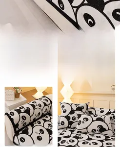 Close-up of thick chenille panda pattern sofa cover with textured non-slip fabric details
