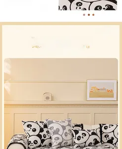 Detailed texture of chenille sofa cushion featuring cute panda art in home setting