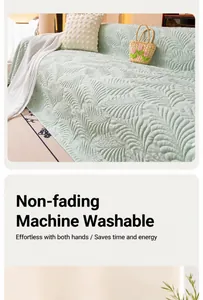 Close-up of light green cooling sofa cover with embossed leaf pattern and durable hem