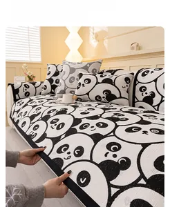 Detail of 3D puff chenille sofa cushion with cute panda pattern and anti-slip texture