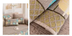 Vue macro détaillée de coussin de canapé en chenille grise avec motifs d'arbres brodés