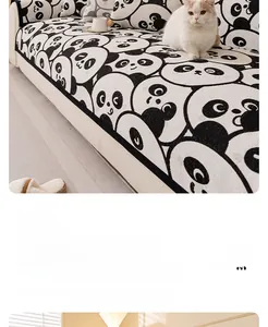 Detail of plush faux fur panda sofa cover with soft non-slip rabbit hair texture
