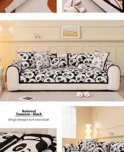 Close-up of thick chenille sofa cushion featuring a cute black and white panda pattern