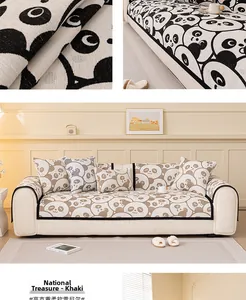 Detail of khaki chenille sofa cover showing thick fabric texture and panda patterns