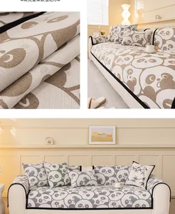 Close-up of soft chenille fabric texture and cute panda pattern on non-slip sofa cover