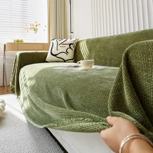 Funda de Sofá de Chenilla Pesada Con Borlas Textura de Gofre Color Sólido Manta para Sofá Universal Decoración de Sala
