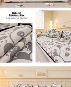 Close-up of high-weight chenille fabric texture and grey panda pattern on sofa cushion