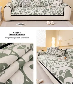 Detailed texture of green chenille sofa cover featuring cute cartoon panda pattern