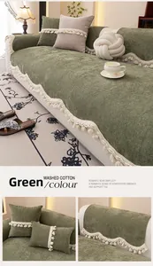 Close-up of green washed cotton sofa cover featuring elegant wave fringe tassels