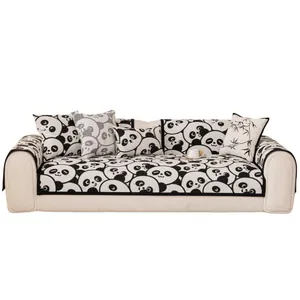 Cartoon panda print chenille sofa cover set with non-slip backing and matching pillows