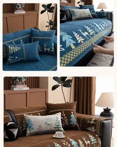 Detailed weave of Chenille sofa cover with reindeer and Christmas tree patterns
