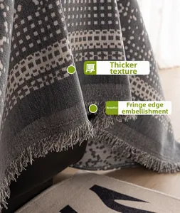 Detailansicht der dicken Chenille-Sofaabdeckung mit Gittertextur und Fransenrand