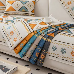 Housse de canapé bohème en chenille à motifs géométriques avec coussins assortis