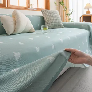 Mint green summer sofa cover with white heart pattern and breathable waffle texture