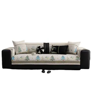 Christmas chenille sofa cover set with reindeer and tree patterns on off-white fabric