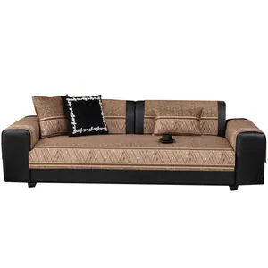 Vintage-Sofa im amerikanischen Stil mit braunem Strukturstoff und schwarzem Kunstleder-Finish